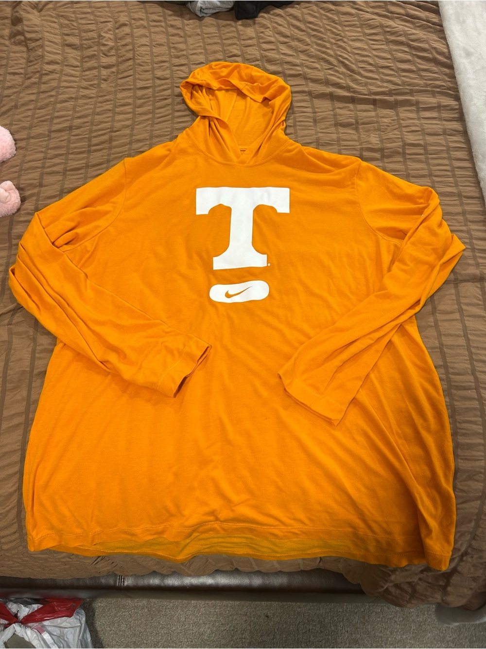 Nike Orange Long-Sleeve Hooded Tee with White 'T' and Swoosh
